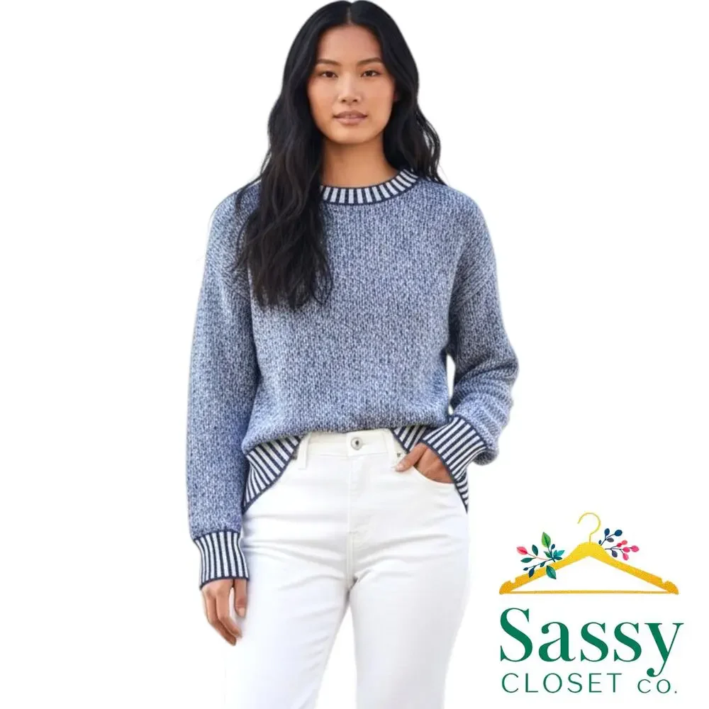 JCrew Blue White Cotton Linen Marl Knit Sweater XXS Crewneck Pullover Split Hem